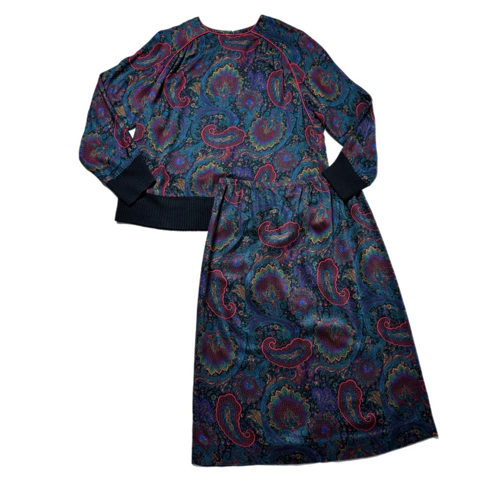 VTG 80s Leslie Fay Paisley Black Red Piping Trim Blouson Skirt Set XL